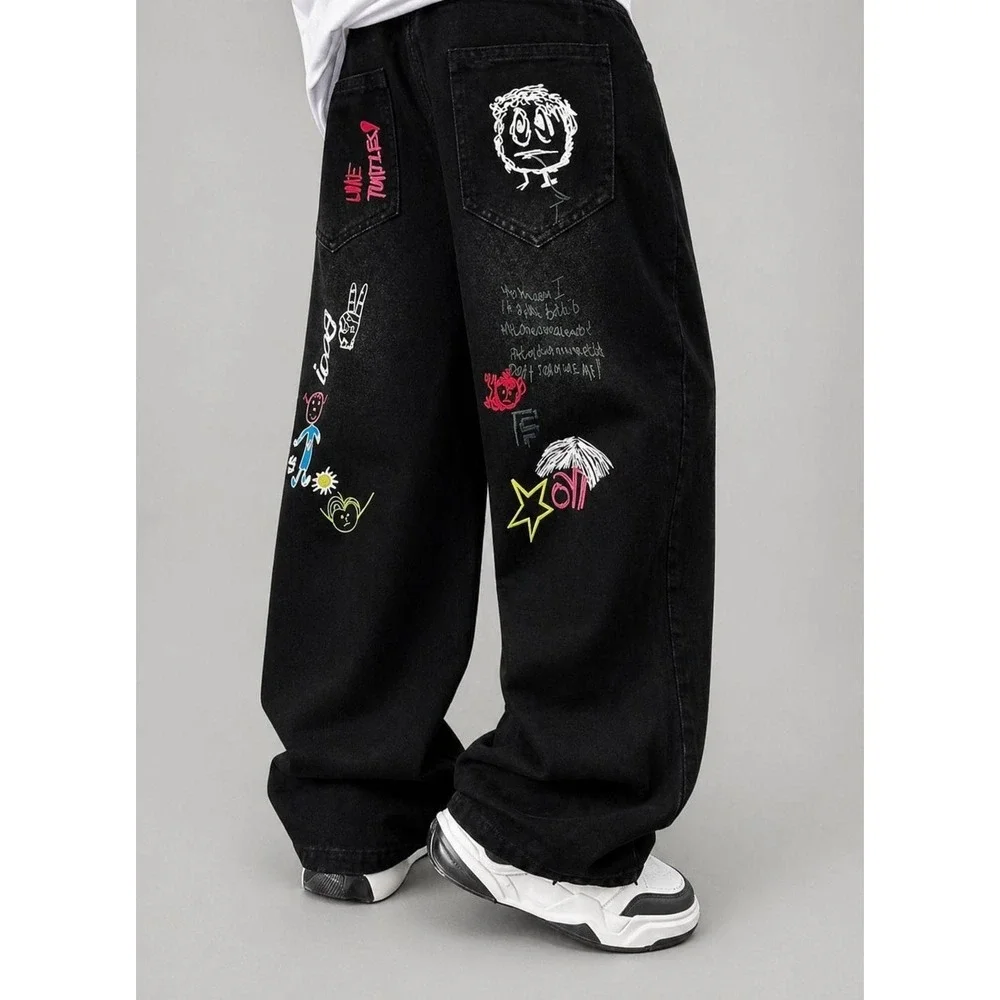 Unbranded Kids Graffiti‎ Doodle Black Denim Jeans Y2K Streetwear Size 12Y